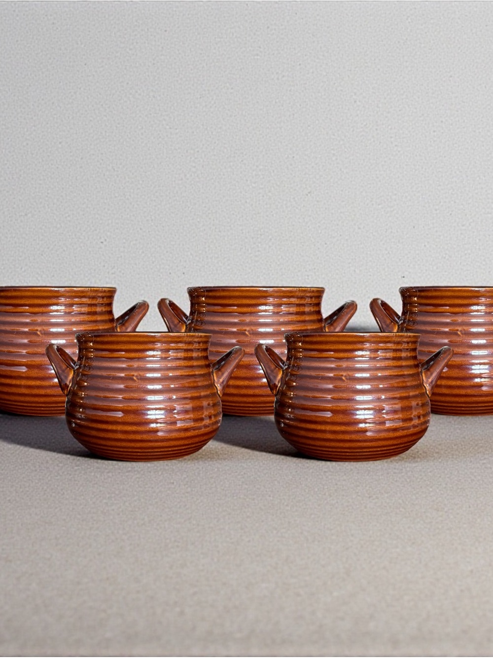 Crate&Barrel Brown Glazed Stoneware Soup Bowls with Handle Set of 5